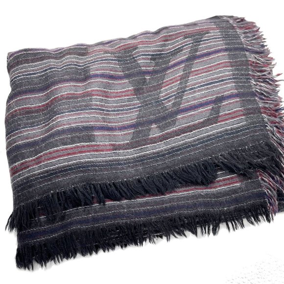 Louis Vuitton Dark Grey Stripe Cashmere Wool Shawl Scarf - Picture 1 of 3